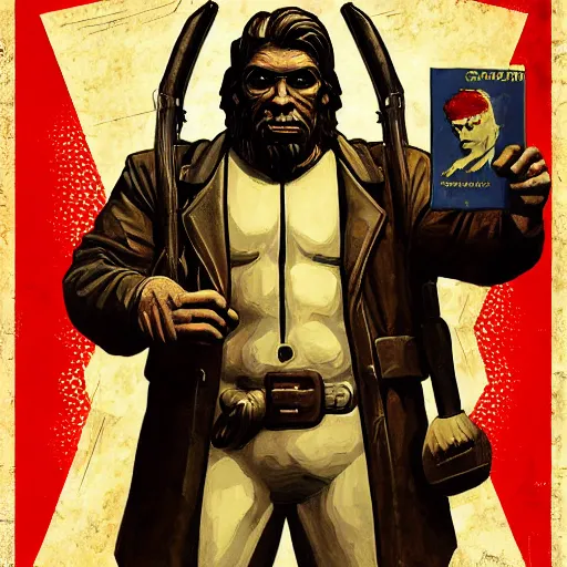 Image similar to saint homo neanderthalis, portrait, propaganda poster, with book of science on his right hand, and riffle, pop art, gta chinatown wars art style, bioshock infinite art style, hyperrealistic, two colors, white frame border, 4 k, uhd, remove duplicate content, align left.