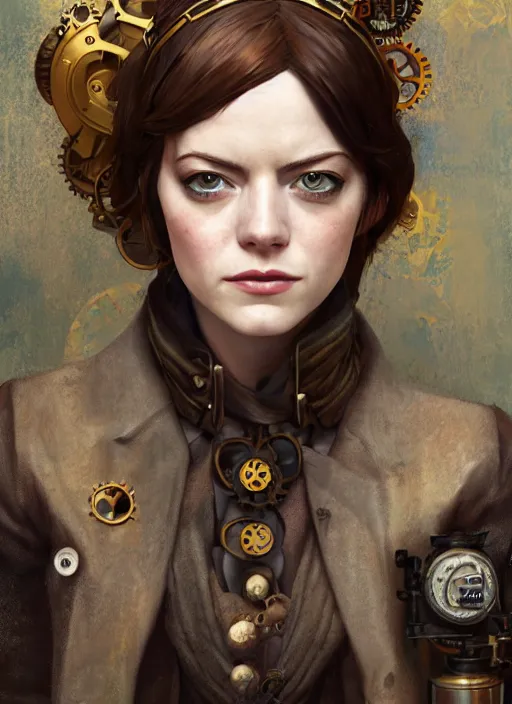 Prompt: steampunk portrait of emma stone as emma watson, hyper detailed, digital art, cinematic lighting, studio quality, smooth render, unreal engine 5, octane rendered, art style by klimt and nixeu and ian sprigger and wlop and krenz cushart.