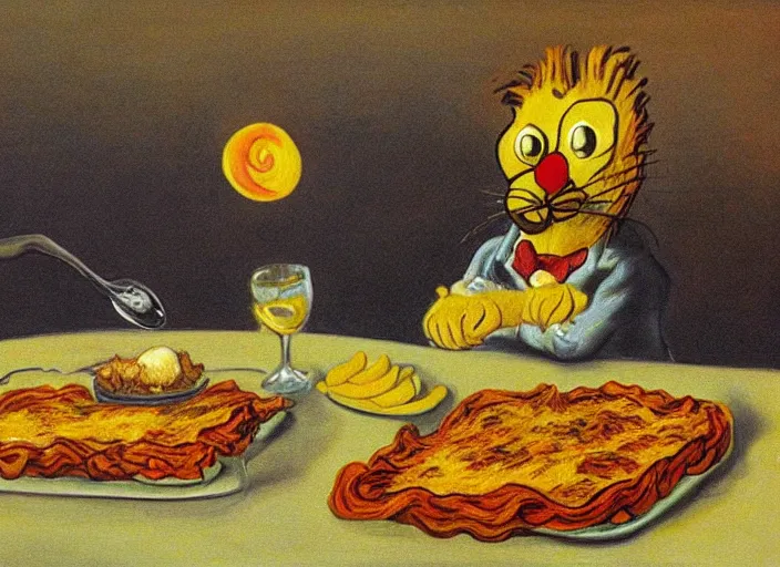 Image similar to detailed realistic surrealist painting of garfield eating lasagna at dusk, in the style of vincent van gogh and salvador dali and leonardo da vinci