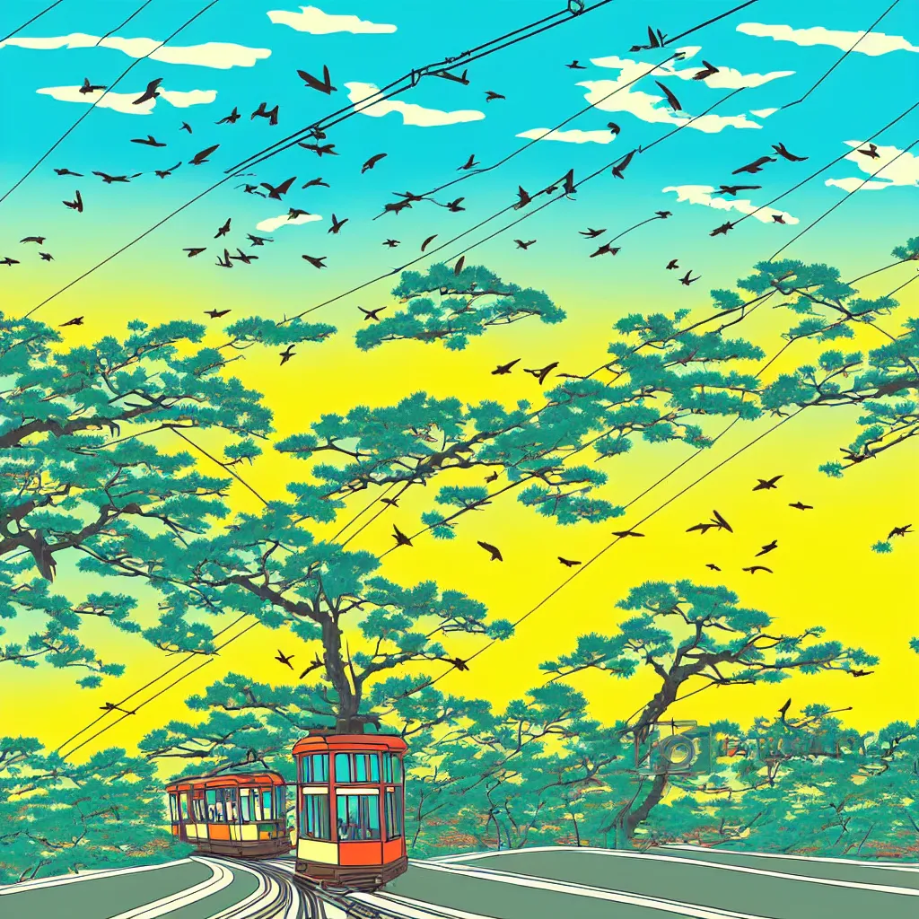 Image similar to japanese countryside landscape, tram, sunset, birds flying in the sky, hand drawn anime style