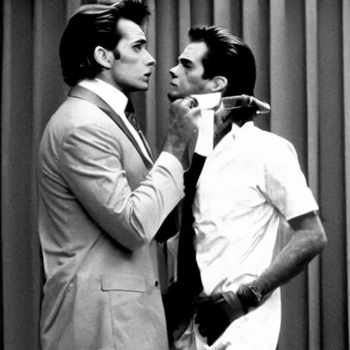 Prompt: huey lewis and the news visit patrick bateman in a pschy ward and give him a kiss on the lips - n 9