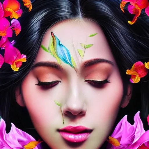 Image similar to photo realistic depiction of a beautiful woman face surrounded by giant black orchids and colorful flamingos style by stanley lau, hyper realistic