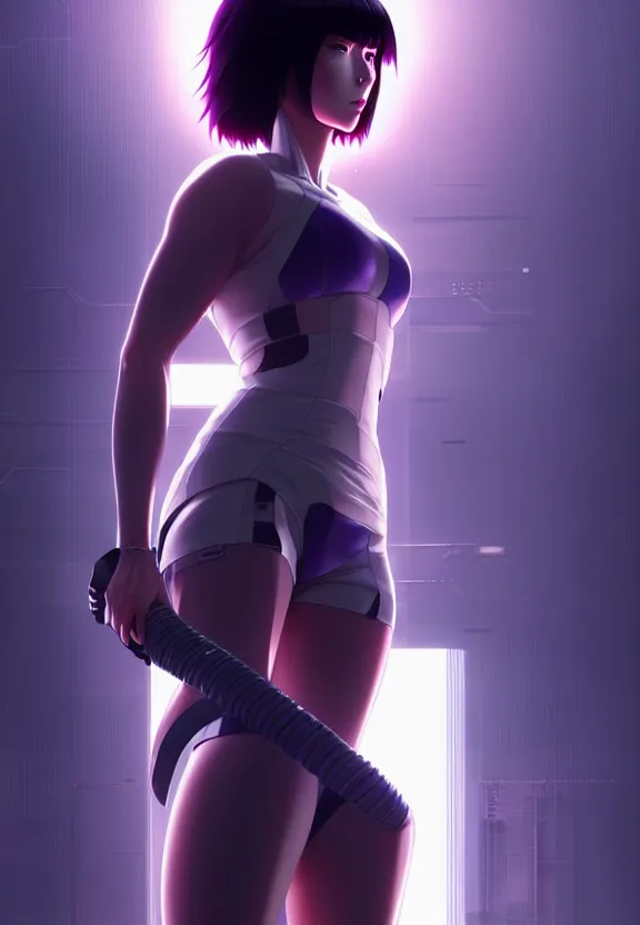 Image similar to a fullbody portrait of motoko kusanagi the major ghost in the shell : : connected to cables, under repairs, maintenance area, technicians : : by ilya kuvshinov, rossdraws, artgerm, sola digital arts, anti aliasing, raytracing : :