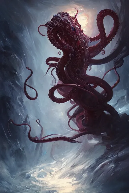 Image similar to art masterpice, demonic tentacled cthulu descending from the clouds, intricate, beautiful cinematic lighting, stunning painting by artgerm, caravaggio, android jones, wadim kashin