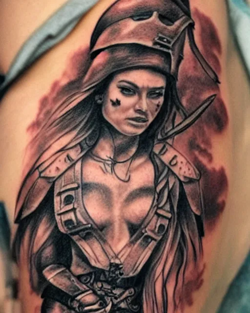 Prompt: A beautiful woman warrior faded on a background of a beautiful pirate ship, realism tattoo drawing, hyper realistic, shaded