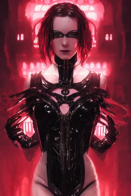 Image similar to Portrait of beautiful pale cyberpunk gothic girl in black latex, red lighting, intricate, elegant, highly detailed, digital painting, artstation, concept art, smooth, sharp focus, illustration, art by artgerm and greg rutkowski and alphonse mucha