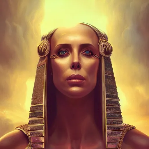 Prompt: closeup portrait of nicole aniston as cleopatra, palace background, dramatic light, gorgeous view, depth, high detail, digital art, painted by greg rutkowski and seb mckinnon, neuromancer, trending on artstation