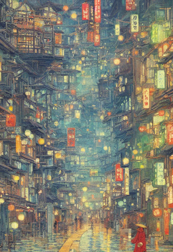 Image similar to a beautiful japanese city near the sea, ryokans and edo era houses, cyberpunk, lofi vibe, colorful, oil painting in impressionist style, by monet, by makoto shinkai, multiple brush strokes, inspired by ghibli, masterpiece