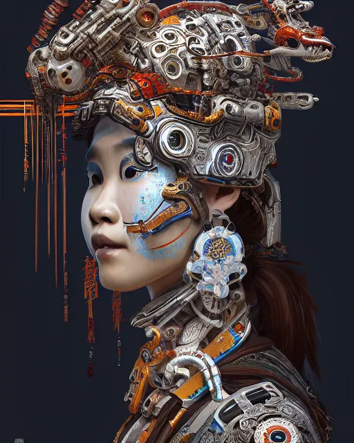 Image similar to portrait of a machine from horizon zero dawn, machine face, upper body, decorated with chinese opera motifs, asian, traditional chinese art, intricate, elegant, highly detailed, digital painting, artstation, concept art, smooth, sharp focus, illustration, art by artgerm and greg rutkowski and alphonse mucha, 8 k