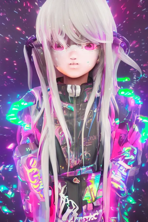 Prompt: portrait of a 3d anime character with cute eyes wearing a psychedelic holographic hoodie kawaii deco fashion, long hair with pastel colors, wearing a cute gas face mask in the style of code vein by Kurumi Kobayashi Koichi Itakura, 3d anime, octane render, dynamic lighting, with glitch and chromatic abbreviations, artstation, cgsociety, imaginefx, by anime concept artist, rendered in unreal engine, WENJR, WLOP, artgerm