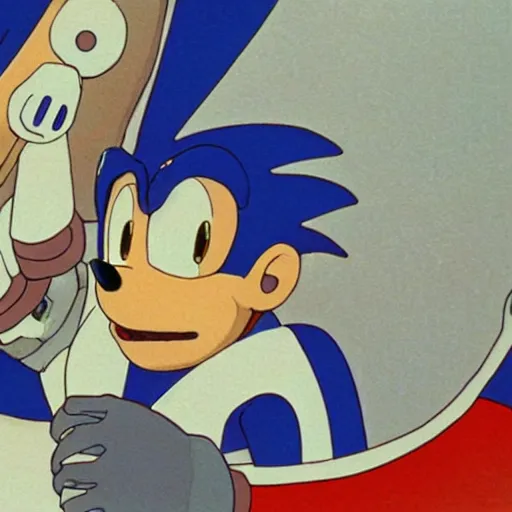 Prompt: beautiful illustration of dr robotnik looking up lovingly at sonic the hedgehog. animation frame from the studio ghibli film by miyazaki.