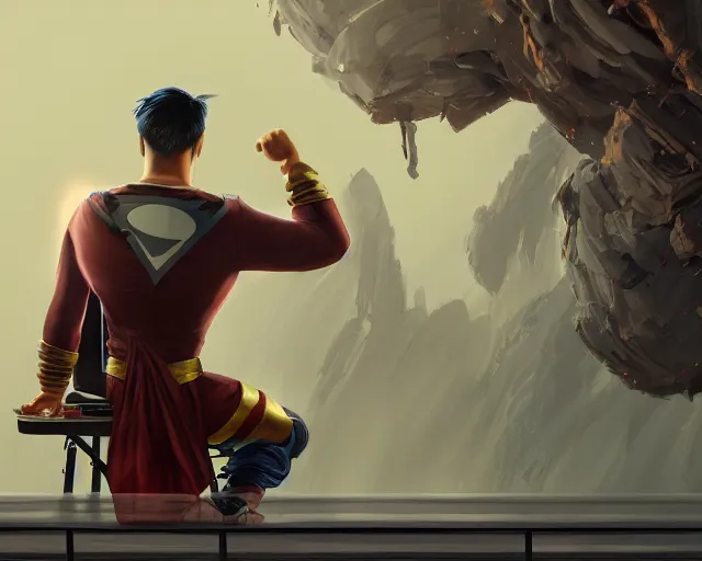 Image similar to an insanely detailed painting of a nerdy asian man wearing a superhero costume, sitting at a desk, staring at the nervously at the computer and typing, in the style of peter mohrbacher, dramatic lighting and composition, octane render, pixar, trending on artstation, concept art, comic book, view from behind