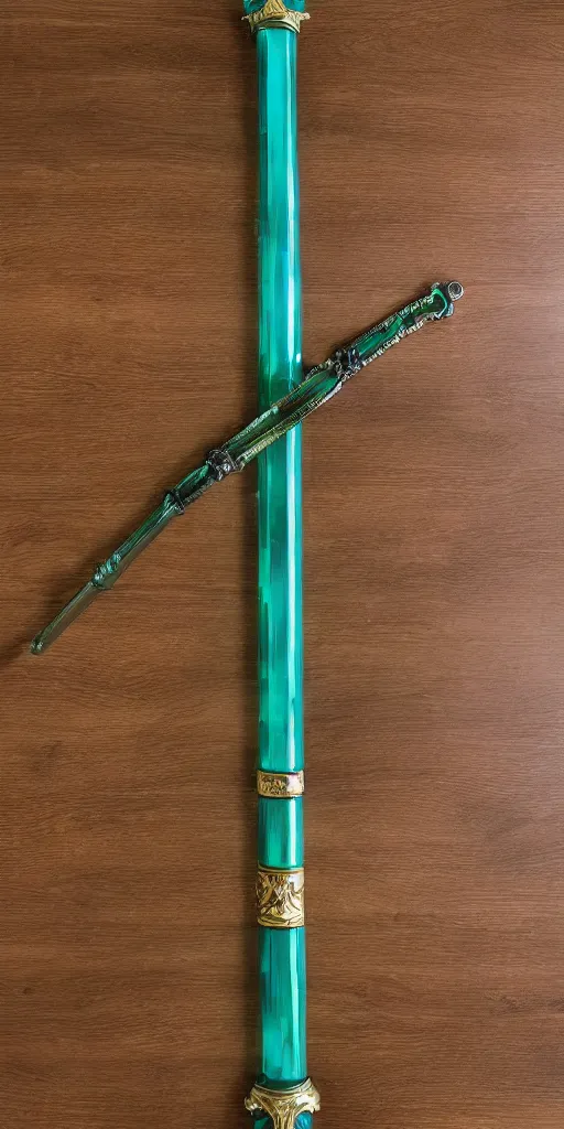 Image similar to photograph of a wide green and teal crystal sword with a big gold sword hilt