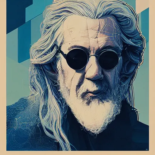 Prompt: Gandalf profile picture by Sachin Teng, asymmetrical, Organic Painting , Matte Painting, geometric shapes, hard edges, graffiti, street art, a wizard with sunglasses chilling on a beach :2 by Sachin Teng:4