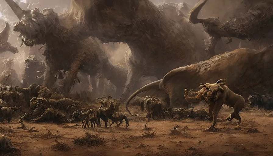 Prompt: craig mullins illustration of the dark continent, wilderness filled with megafauna, highly detailed, award winning, hyper realism, realistic shading, cinematic composition, dramatic lighting, colorful, detailed textures, photorealistic, wide shot