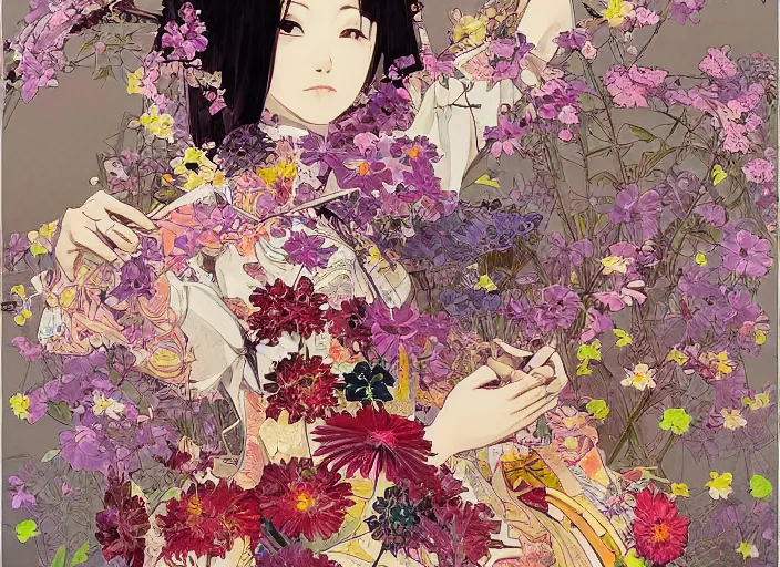 Image similar to oil painting, long shot, beautiful floralpunk japanese bio mechanical female illustration detailed patterns art of japan traditional dress, flower pop art, floral splash painting, art by ashley wood, alphonse mucha, makoto shinkai, geof darrow, dark shadow