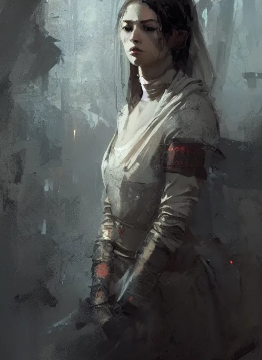 Image similar to female priest girl, beautiful face, rule of thirds, intricate outfit, spotlight, by greg rutkowski, by jeremy mann, digital painting