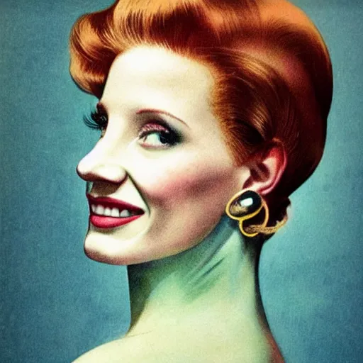 Image similar to “Jessica Chastain portrait, color vintage magazine illustration 1950”