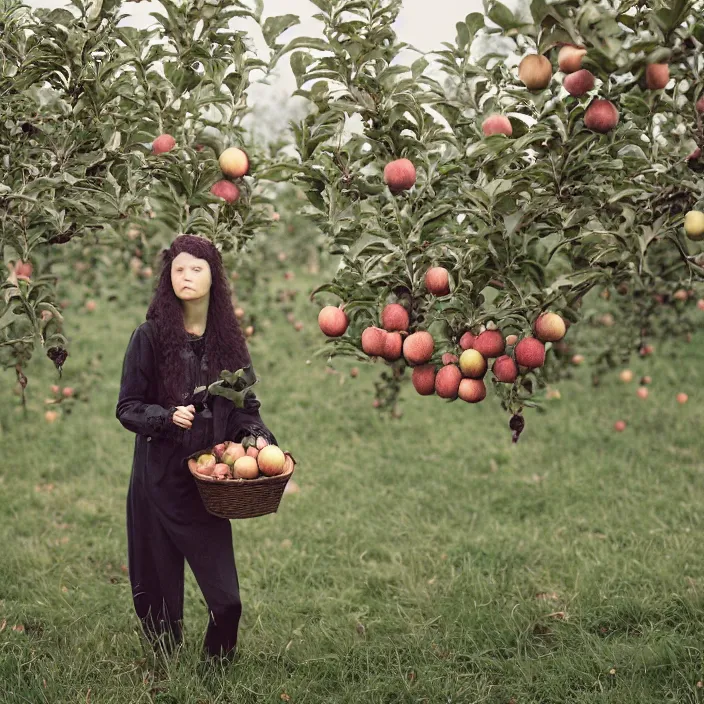 Prompt: a closeup portrait of a woman wearing spiderwebs, picking apples from a tree in an orchard, foggy, moody, photograph, by vincent desiderio, canon eos c 3 0 0, ƒ 1. 8, 3 5 mm, 8 k, medium - format print