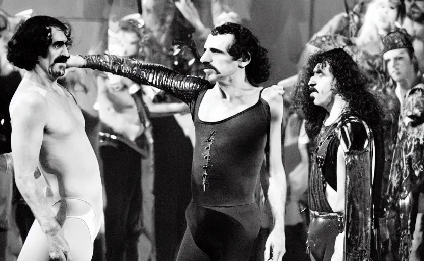 Prompt: Frank Zappa in a leotard and a crown performs the role of Richard III in award-winning modern dress production of Richard III in front of a live audience, action shot, yowza yowza yowza