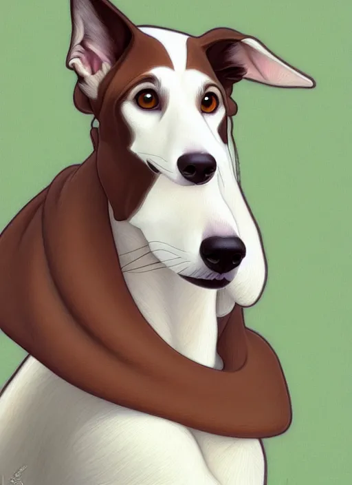 Prompt: cute white brown greyhound with a brown ear, natural lighting, path traced, highly detailed, high quality, digital painting, by don bluth and ross tran and studio ghibli and alphonse mucha, artgerm