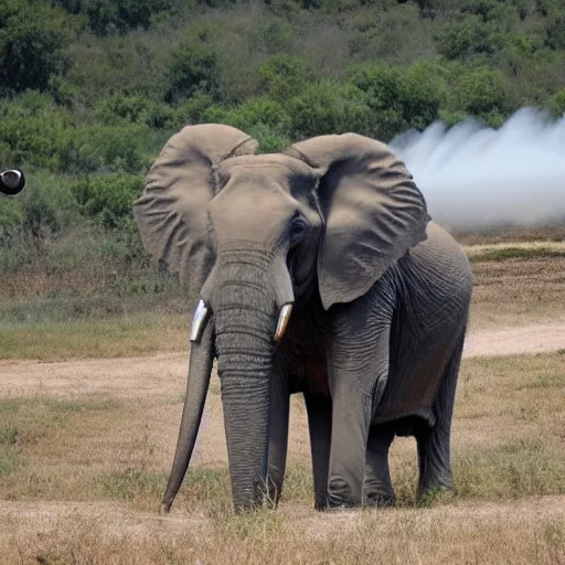 Prompt: elephant standing and holding a huge metal pipe