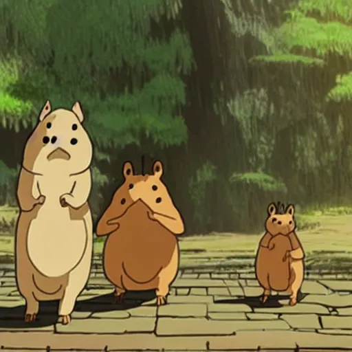 Image similar to still from hayao miyazaki animated movie about a capybara and friends, remastered high definition