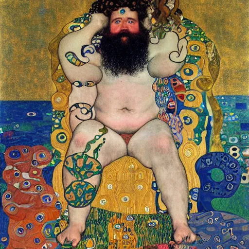 Image similar to by gustav klimt jaunty. a print of a mythological scene. large, bearded man seated on a throne, surrounded by sea creatures. he has a trident in one hand & a shield in the other. behind him is a large fish. in front of him are two smaller creatures.