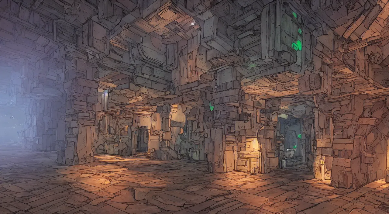 Image similar to wood wall fortress greeble block amazon jungle portal door unknow world global illumination ray tracing ambiant torch fornite that looks like it is from borderlands and by feng zhu and loish and laurie greasley, victo ngai, andreas rocha, john harris