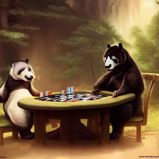 Prompt: panda wolf playing poker by greg rutkowski and thomas kinkade, trending on artstation, 3 d render octane