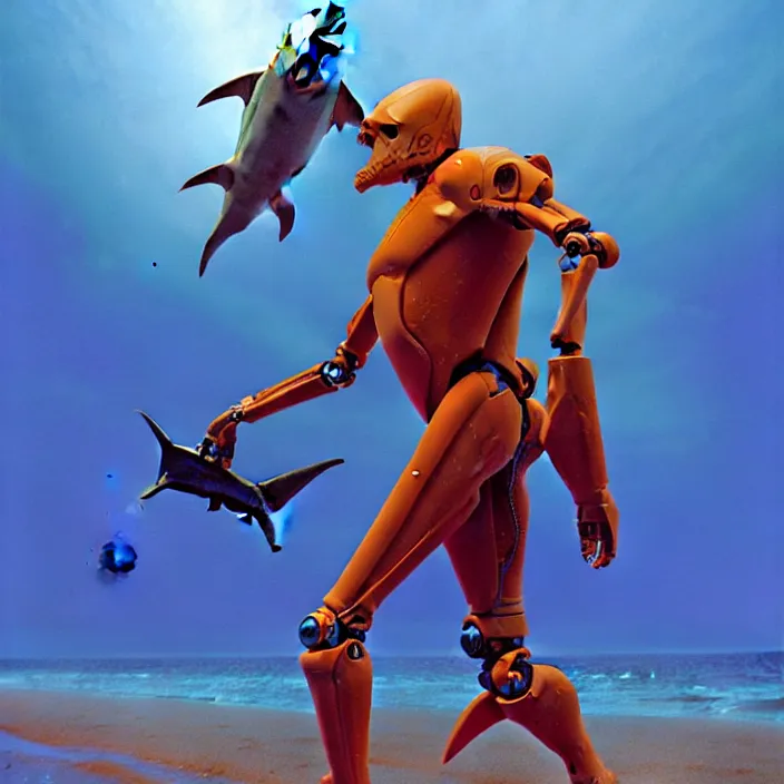Prompt: Hammer-head shark with orange legs walking on the beach, cinematic bust portrait , head and chest only, exotic alien features, robotic enhancements, desaturated, Tim Hildebrandt, Wayne Barlowe, Bruce Pennington, donato giancola, larry elmore, oil on canvas, masterpiece, trending on artstation, featured on pixiv, cinematic composition, dramatic pose, beautiful lighting, sharp, details, hyper-detailed, HD, HDR, 4K, 8K