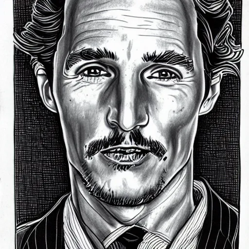 Image similar to a portrait drawing of Mathew McConaughey drawn by Robert Crumb