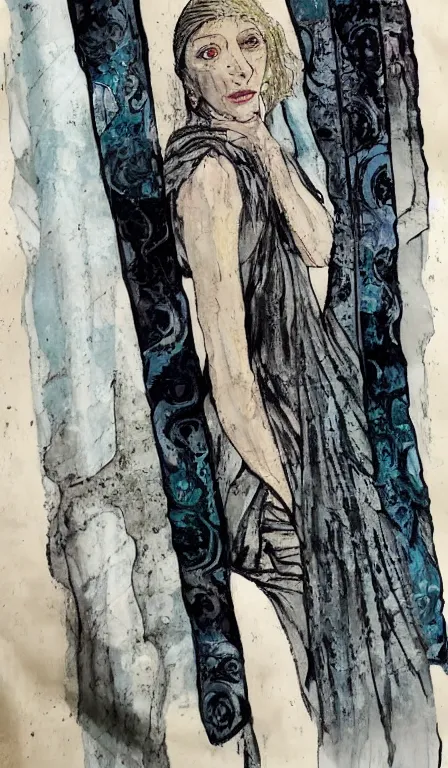 Prompt: cate blanchet , hanging scroll, ink and colours on silk,