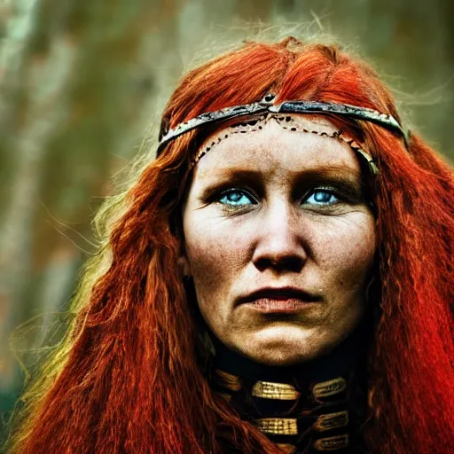 Image similar to Viking woman tribal, red hair,, photograph, national geographic, award winning.