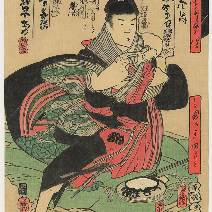 Image similar to comic book artwork of a shiba inu samurai eating a bowl of rice by Utagawa Kuniyoshi