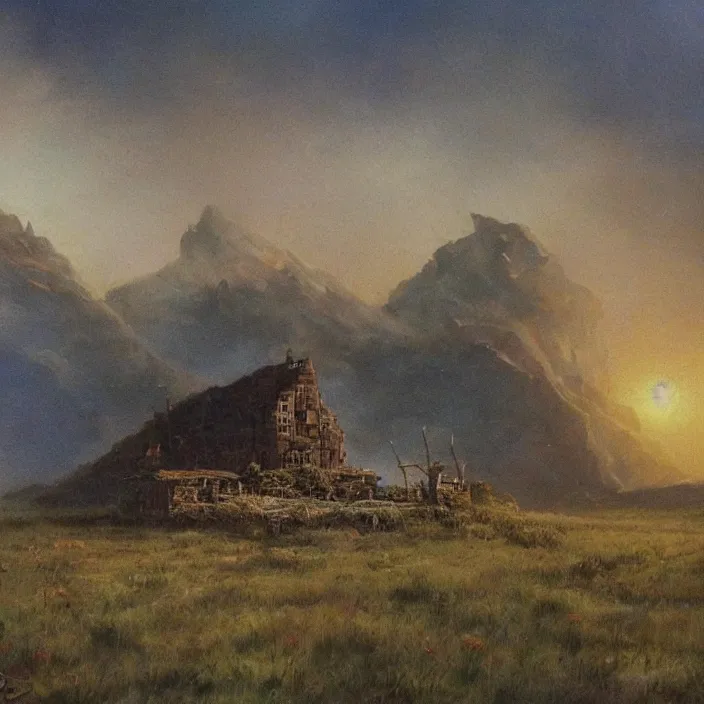 Prompt: a building in a landscape, by don maitz