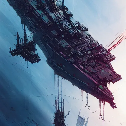 Image similar to cyberpunk battleship in the sky, concept art with intricate line drawings, by John Harris, Emil Melmoth, Craig Mullins, Yoji Shinkawa, trending on artstation, moebius comic, Marc Simonetti, lan McQue, Kentaro Miura, hyper detailed, cinematic