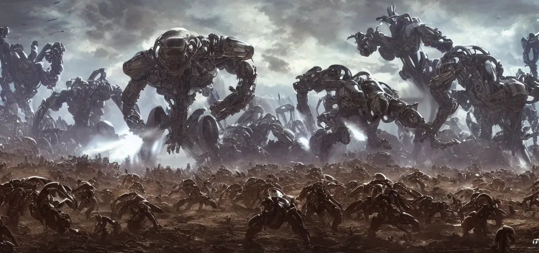 Image similar to epic army of chrome robots battle creatures on alien planet, landscape, alex ross, neal adams, david finch, war, concept art, matte painting, highly detailed, rule of thirds, dynamic lighting, cinematic, detailed, denoised, centerd