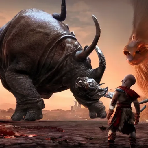 Image similar to screenshot of the game God of War with Kratos fighing a Rhinoceros beetle kaiju | Sony Pictures official media