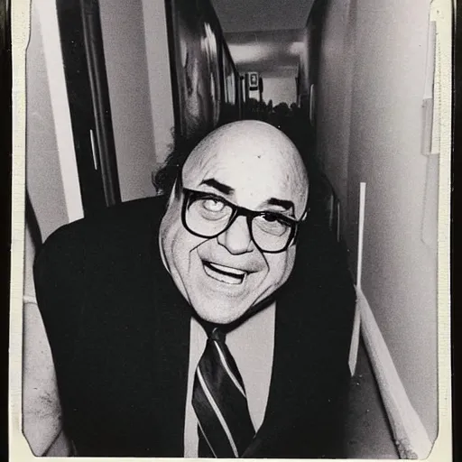 Image similar to A creepy polaroid photo of Danny Devito chasing you down a hallway