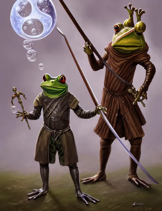 Image similar to anthropomorphic bipedal frog that is dressed as a medieval fighter, and wielding a club weapon, as a matte oil painting and d & d character art, by alex grey, standing, fullbody, floating bubbles, fog, mystic, concept art, award - winning, extremely detailed, sharp focus