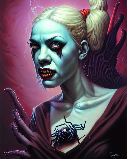 Image similar to lovecraft spider portrait of harley quinn by tomasz alen kopera and peter mohrbacher