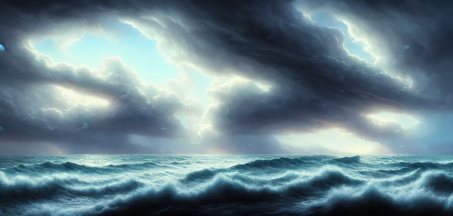 Prompt: summer storm ocean, cinematic view, epic sky, no people, detailed, concept art, high detail, warm lighting, volumetric, godrays, vivid, beautiful, trending on artstation, by jordan grimmer, huge scene, art greg rutkowski