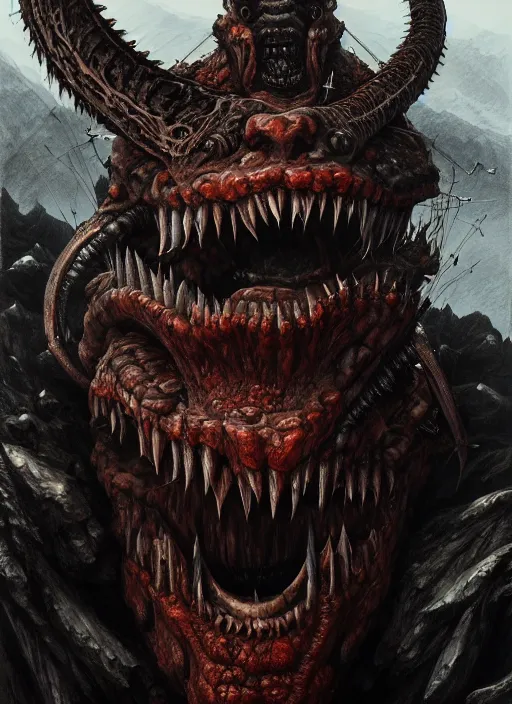 Image similar to close up portrait of a monster in the mountains of hell, sharp teeth, oil painting by tomasz jedruszek, cinematic lighting, pen and ink, intricate line, hd, 4 k, million of likes, trending on artstation