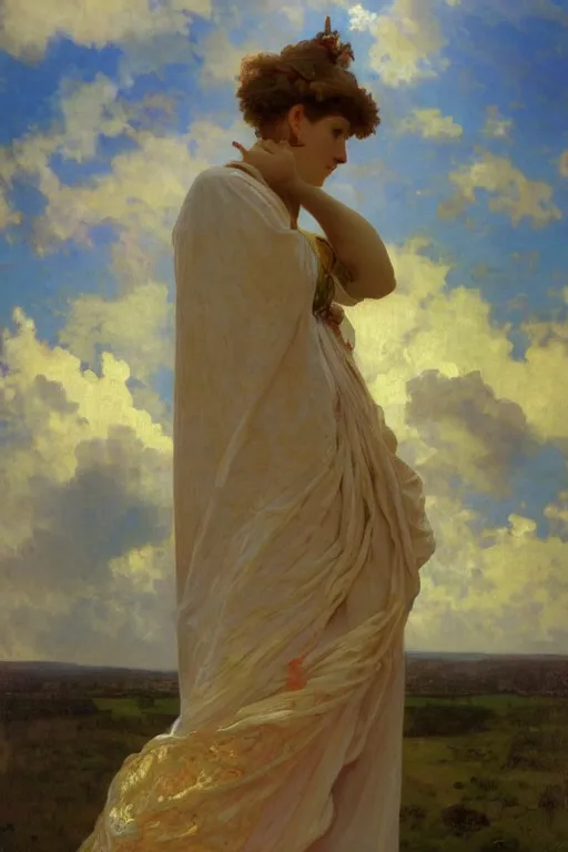 Image similar to nomans sky, Ilya repin, alphonse mucha, and Edmund Blair Leighton A meaningful painting in an symbolist style, oil on canvas, baroque, beautiful lighting, trending on Artstation, Highly detailed