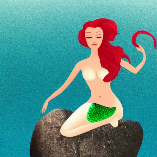 Image similar to elegant mermaid lady on a rock in the ocean, green and blue scales, red hair