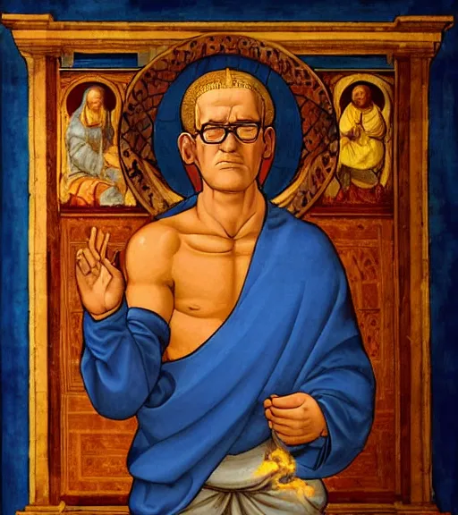 Image similar to hank hill wearing a white tshirt as the god of propane surrounded by blue fire and blue flames, renaissance religious painting, late gothic religious paintings, byzantine religious art, painting by duccio di buoninsegna and carlo crivelli, trending on artstation