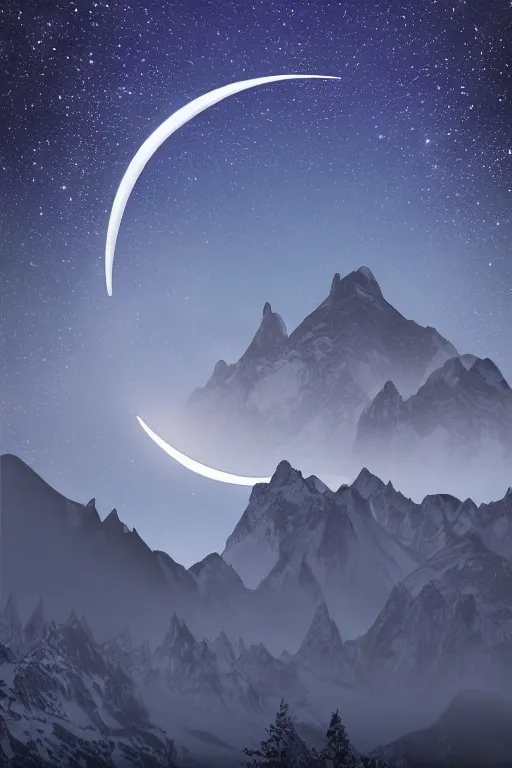 Image similar to digital matte fantasy dreamy mountain scape dark tones snow, crescent moon, wolf, 8 k by alex grey