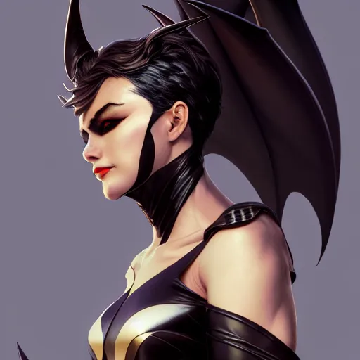 Image similar to 3 / 4 view of a portrait of bat woman with bat wings, confident pose, pixie, genshin impact,, intricate, elegant, sharp focus, illustration, highly detailed, concept art, matte, trending on artstation, anime, art by wlop and artgerm and greg rutkowski, marvel comics h 6 4 0