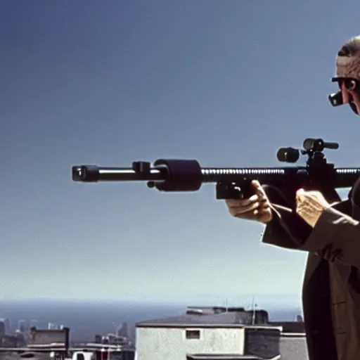 Image similar to film still of mike ehrmantraut aiming with a sniper rifle on a rooftop, 4 k, highly detailed